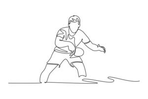 Continuous one line drawing active table tennis player get ready to receive ball from opponent. Sportsman are playing defense with backhand concept. Single line draw design graphic illustration vector