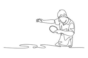 Continuous one line drawing male table tennis player get ready to receive the ball from opponent. Athlete are playing defense with backhand method. Single line draw design graphic illustration vector