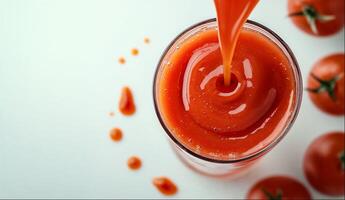 Tomato juice pouring into glass, top view with space for your ad text photo