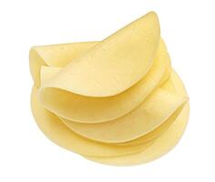 Salami cheese, round gouda slices isolated on white background photo