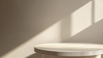 Minimalist white round pedestal with soft shadows in sunlight for elegant product presentation photo