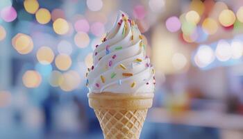 Vanilla soft serve ice cream cone with colorful sprinkles photo