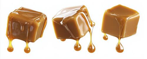 Melting caramel candy cubes with syrup drips isolated on white background photo