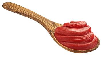 Tomato sauce, ketchup in wooden spoon isolated on white background, full depth of field photo