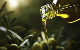 Olive oil pouring from bottle with blurred background, copy space photo