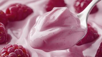 Raspberry yogurt on spoon in close-up view photo