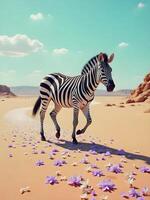 A zebra with striking black and white stripes gracefully walks across a sandy desert dotted with delicate purple and white flowers under a partly cloudy photo