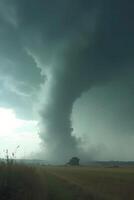 large, ominous tornado touches down in a rural landscape under a dark, stormy sky, kicking up dust and debris photo