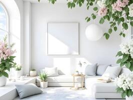blank white rectangular canvas is framed by light wood and hangs on a white wall. A white vase with pink and white flowers photo