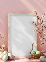 A blank frame set against a soft pink backdrop, adorned with Easter eggs, a wicker basket, and blossoming branches, creating a festive and inviting springtime scene photo