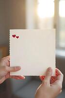 hands gently hold blank, textured white card adorned with two small red hearts, illuminated by soft, warm light photo