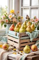 rustic wooden crate overflows with ripe pears, accompanied by honey in a jar, buzzing bees photo