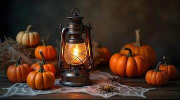 warmly glowing hurricane lantern illuminates a collection of small pumpkins and spooky spiderwebs on a rustic wooden surface photo