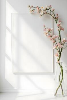 A white rectangular photo frame sit on a wooden table