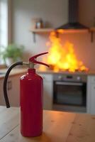 One big red fire extinguisher stands prominently in the foreground, sharply focused, while flames erupt from a stove photo