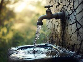 weathered outdoor faucet mounted on a mossy stone structure pours fresh water into a basin, with a blurred, sun-dappled natural background photo