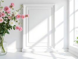 A blank white rectangular canvas hang on a white wall photo