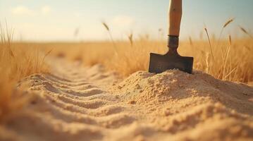 A small shovel with a wooden handle is stuck in a mound of dry photo