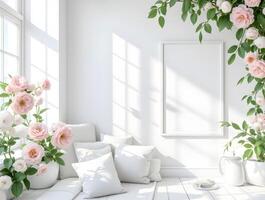 A blank white rectangular canvas framed by light wood and hangs on a white wall. A white vase with pink and white flowers photo
