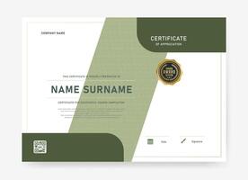 Stylish certificate template featuring curved green layout, patterned background, and QR code area. Suitable for award, appreciation, or course completion certificates. vector