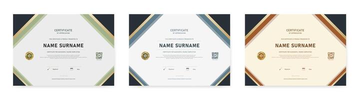 Complete set of modern certificate templates with full-frame diagonal edge accents, award badge, QR code, logo placeholder, signature date fields, and issuance line. vector