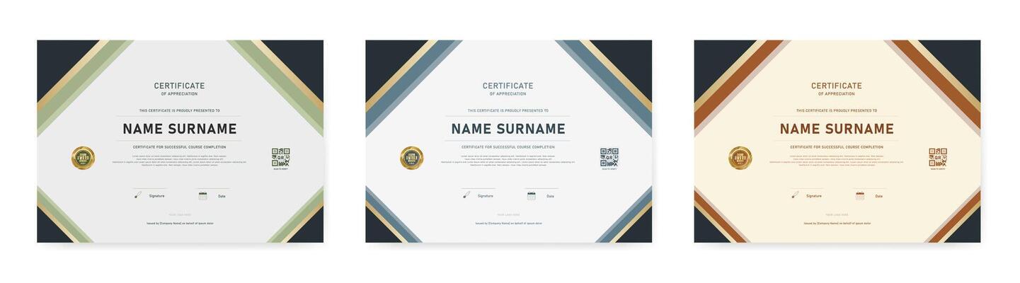 Complete set of modern certificate templates with full-frame diagonal edge accents, award badge, QR code, logo placeholder, signature date fields, and issuance line.
