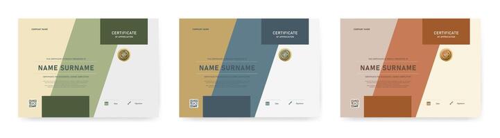 Certificate template with three color variations green, navy blue, and warm brown. Each design signature area, and gold award badge. vector
