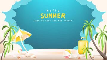 3D tropical beach scene with palm trees, yellow suitcase, umbrella, beach balls, and decorative elements in pastel style. Ideal for summer holiday, product display, and promotions. vector