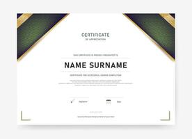 Professional certificate design featuring a logo placeholder, gold textured corners, signature date fields, and official issuance text. vector
