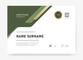 Contemporary certificate template featuring bold geometric corners, QR code for verification, and gold award badge. Ideal for course completion, appreciation, or professional recognition. vector