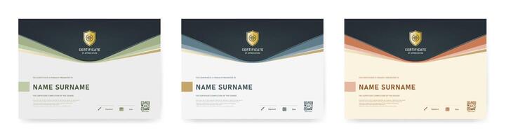 Modern certificate of appreciation template with 3 elegant color themes sage green, blue gray, and earth clay. Horizontal layout with signature icons and QR code. Fully editable and print ready. vector