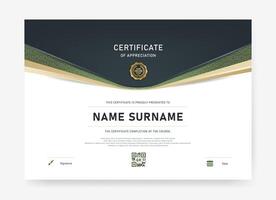 Minimal and elegant certificate template with gold and green accent, decorative pattern, and modern icon set for signature, date, and QR code. Perfect for online awards or corporate recognition. vector