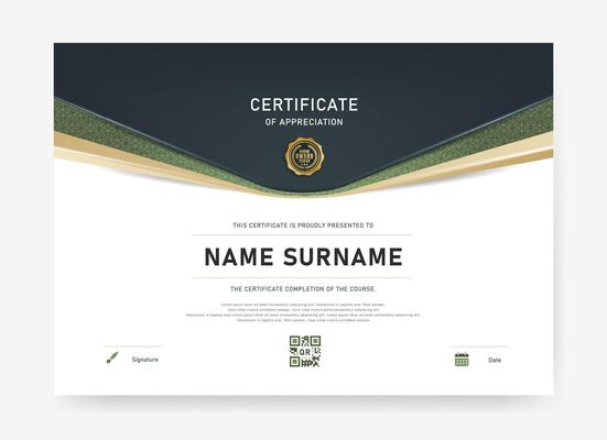 Minimal and elegant certificate template with gold and green accent, decorative pattern, and modern icon set for signature, date, and QR code. Perfect for online awards or corporate recognition.