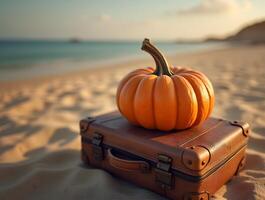 A pumpkin rests on a vintage suitcase on a sandy beach at sunset, with a blurred coastal landscape in the background photo