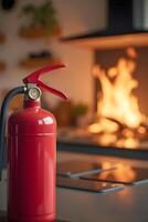 red fire extinguisher stands prominently in the foreground, sharply focused, while flames erupt from a stove photo
