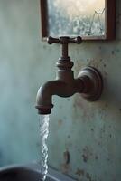 weathered metal faucet mounted on a cracked wall drips a thin stream of water into a stained sink photo