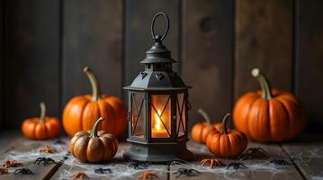 glowing hurricane lantern illuminates a collection of small pumpkins and spooky spiderwebs on a rustic wooden surface photo