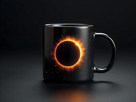 Black mug featuring a glowing solar eclipse design with a vibrant corona photo
