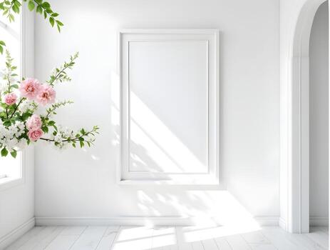 white rectangular photo frame hangs on a white wall