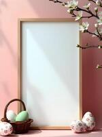 A blank frame set against soft pink backdrop, adorned with Easter eggs, a wicker basket, and blossoming branches, creating a festive and inviting springtime scene photo