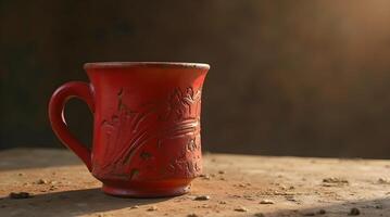 A rustic red mug with decorative carvings sits on a textured stone surface, conveying a handmade and artisanal feel photo