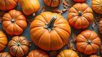 rustic wooden surface is bordered by vibrant orange pumpkins of varying sizes, creating a warm photo
