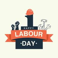 Happy Labour Day card with hand drawn text, bold frame, hard hat, and raised fist on white background. Ideal for Labor Day posters, flyers, banners, and greetings. vector