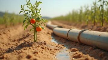 Row of young tomato plant with ripening red and orange fruits grow along a drip irrigation line in a sun-drenched field photo