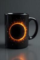 Black mug featuring solar eclipse design photo
