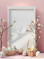 A blank vertical frame set against pink backdrop, adorned with Easter eggs, a wicker basket, and blossoming branches, creating a festive and inviting springtime scene photo