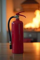 A red fire extinguisher stand prominently in the foreground, sharply focused, while flames erupt from a stove photo
