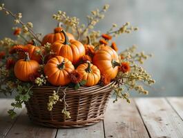 one nice woven basket brimming with pumpkins and autumnal florals rests on a rustic table, embodying the warmth photo