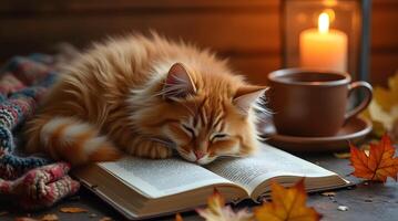 A ginger cat naps atop an open book, amidst steaming coffee, a candle, and autumn leaves photo