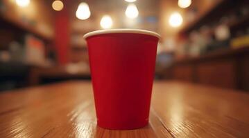 A bright red disposable cup with a white rim sits centered on a wooden table in a warm, blurred background setting. photo